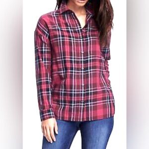 Gap Ladies Pink Plaid Flannel Fitted Boyfriend Button Down Shirt  Size XL